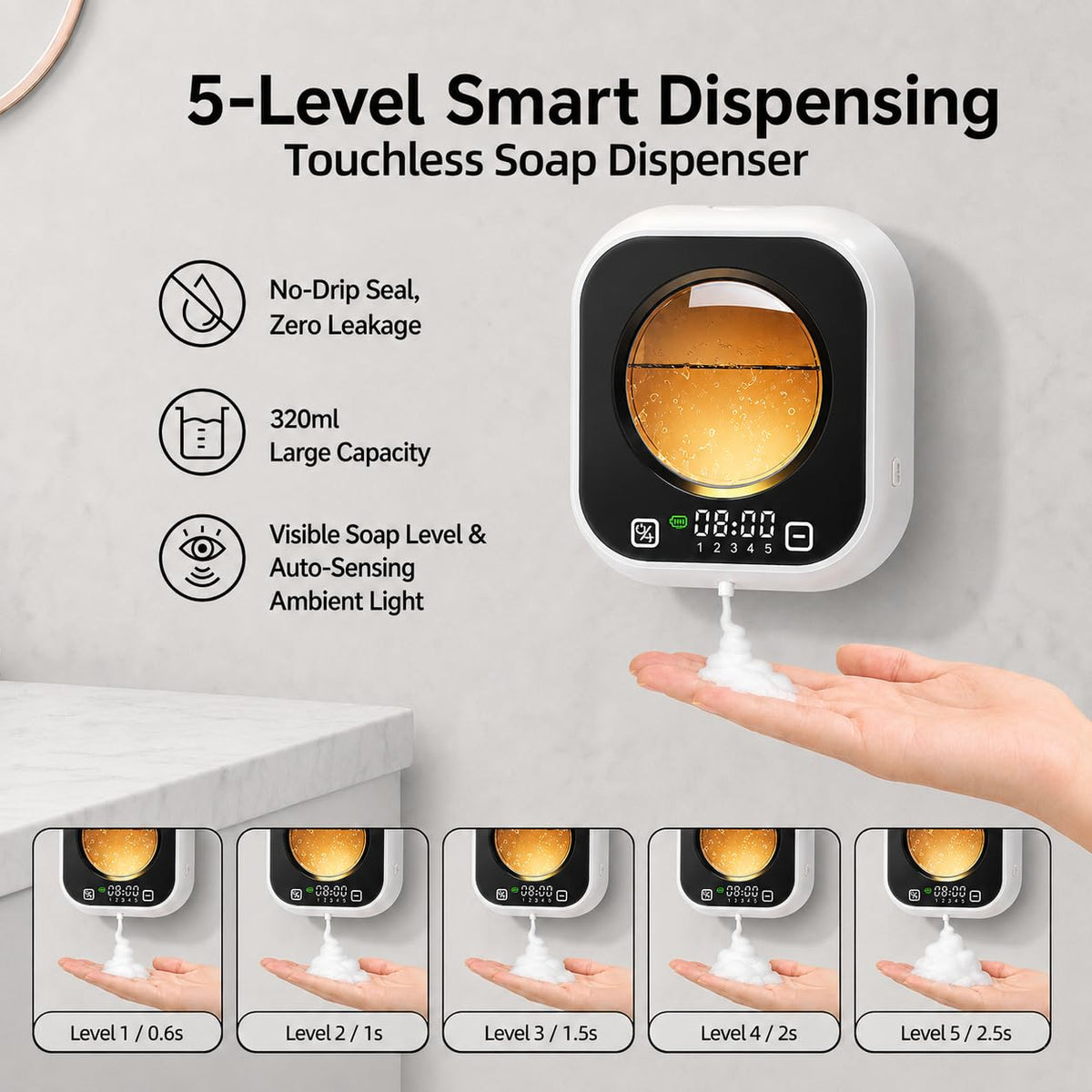 Automatic Soap Dispenser Touchless, Wall Mount, Rechargeable, Mood Lighting Black