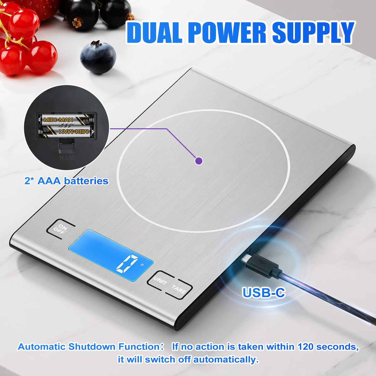 33lb Rechargeable Food Scale, Diyife 304 Stainless Steel Kitchen Scale Silver Medium