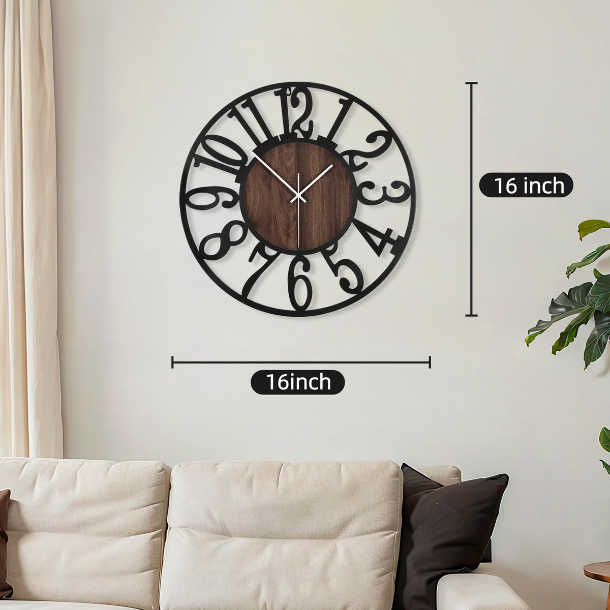 Maxstar Round Wall Clock for Living Room Decor Battery Operated Non Ticking Black Metal Wood Clocks for Home Living Room Garden Office Kitchen Decoration -16 inch Black-arabic Numerals 16 Inch