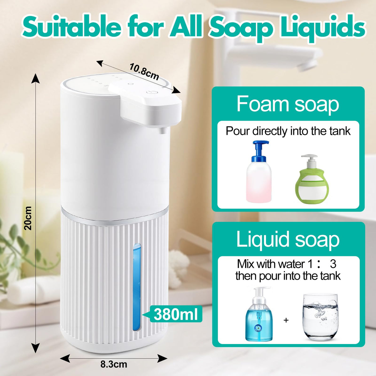 Automatic Soap Dispenser, Foaming Soap Dispenser Touchless with Continuous Dispensing, 4-Level Adjustable, Rechargeable Hand Soap Dispensers, Wall Mounted or Countertop for Bathroom & Kitchen Gold