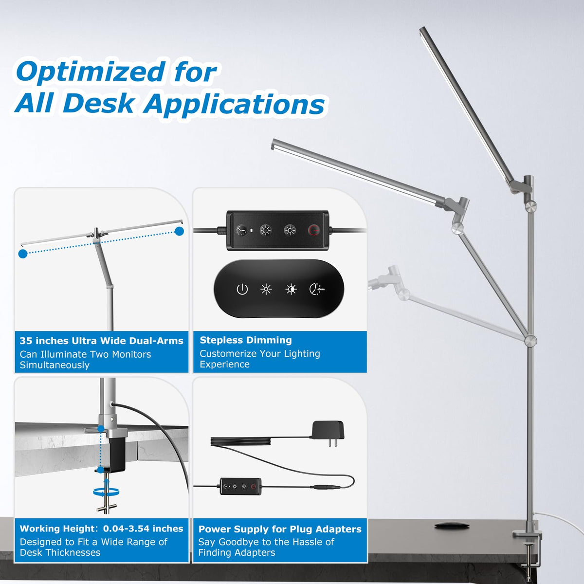 Airlonv LED Desk Lamp with Clamp, 17" Stepless Dimming Light, Black Standard