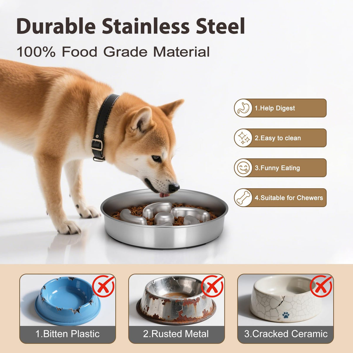 Slow Feeder Dog Bowl, 2 Cups Stainless Steel Heavy Duty Bowl Non-Slip Base