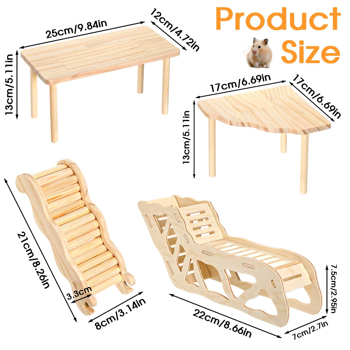 4 Pcs Hamster Platform Set, Wooden Tunnel Ladder Hideout Play House for Pet