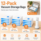 12 Pack Vacuum Bags for Travel with Rechargeable Pump, Save Luggage Space Clear 12 Combo