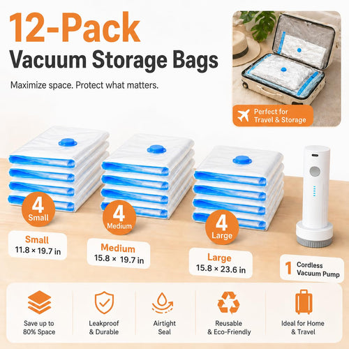 12 Pack Vacuum Bags for Travel with Rechargeable Pump, Save Luggage Space Clear 12 Combo