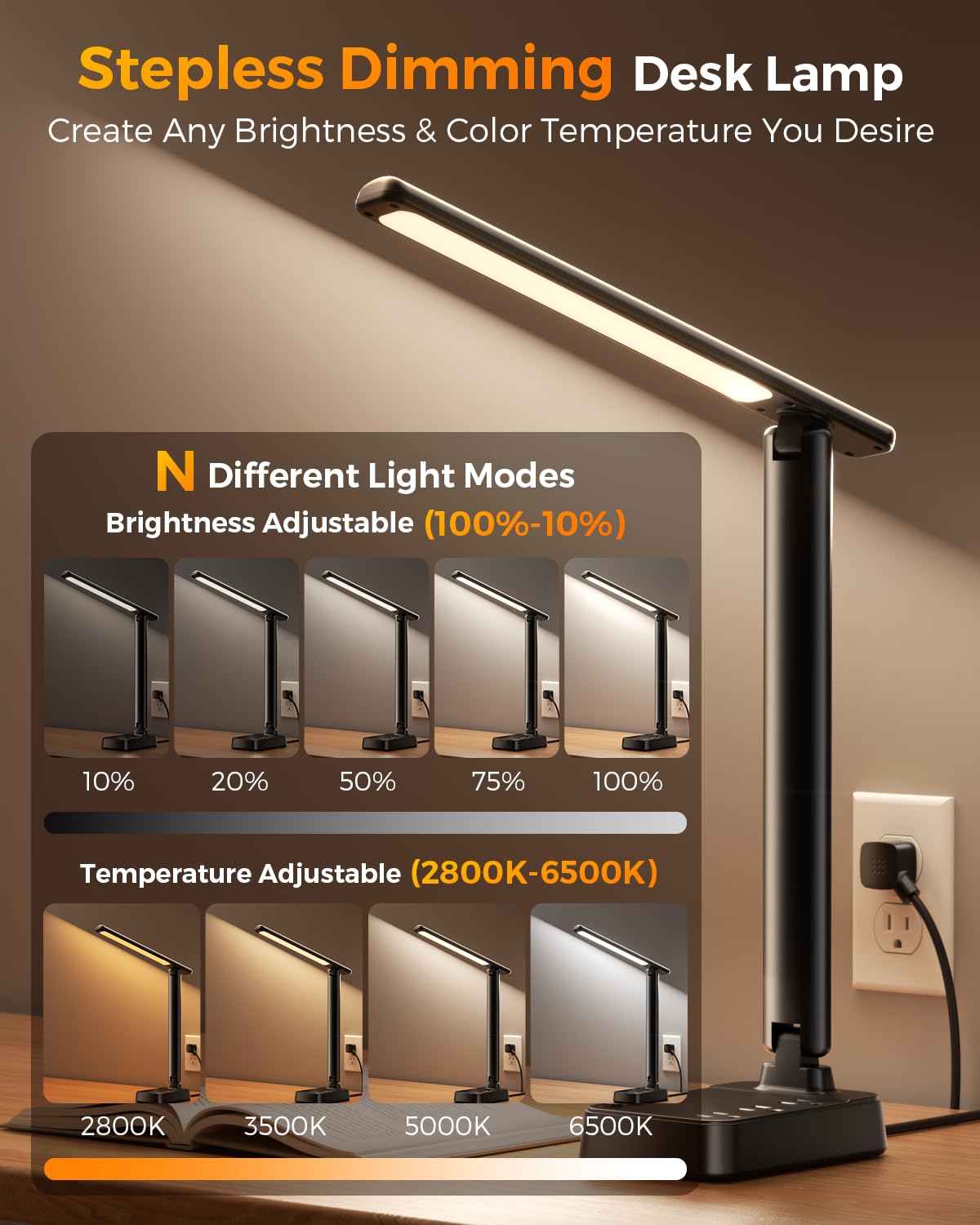 Airlonv LED Desk Lamp with Clamp, 17" Stepless Dimming Light, Black Standard