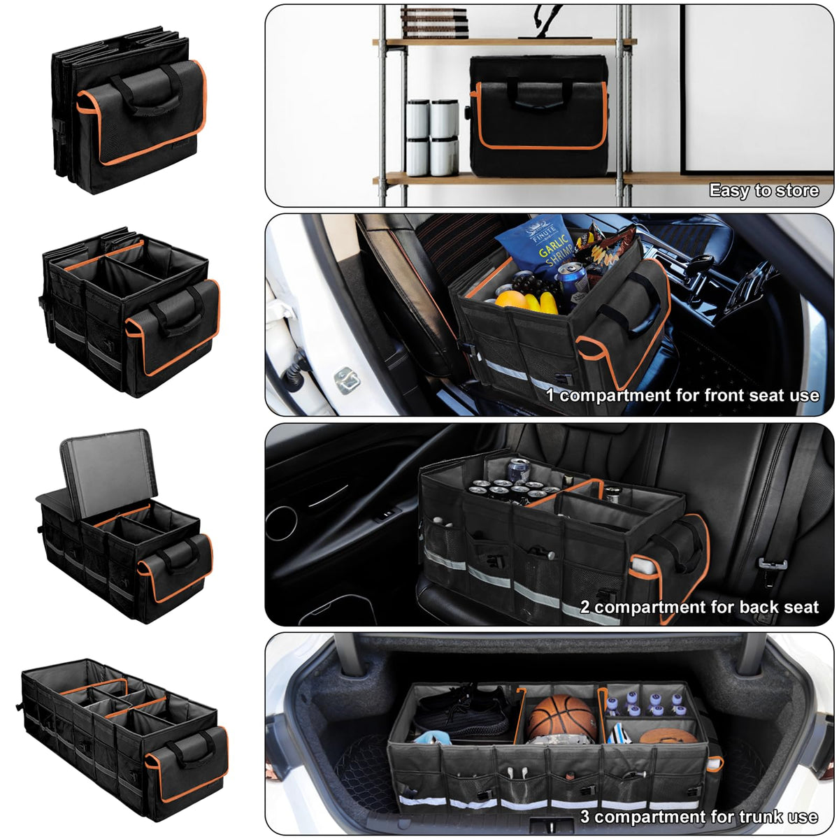 Car Trunk Organizer and Storage with Lid & Removable Leakproof Cooler Bag, Car Accessories 6 Removable Dividers for Custom Space, Collapsible Large Trunk Organizers Interior for SUV Sendan with Cover Black