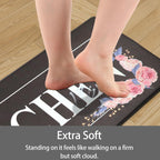 Floral Kitchen Mat Sets 2PCS Non Skid Waterproof Kitchen Rugs and Runner Sets Cushioned Anti-Fatigue Comfort Mat for Home,Office Memory Foam Kitchen Rug, 17.3"x30"+17.3"x47", Black/Pink 17"x30"+17"x47"--0.4 inches