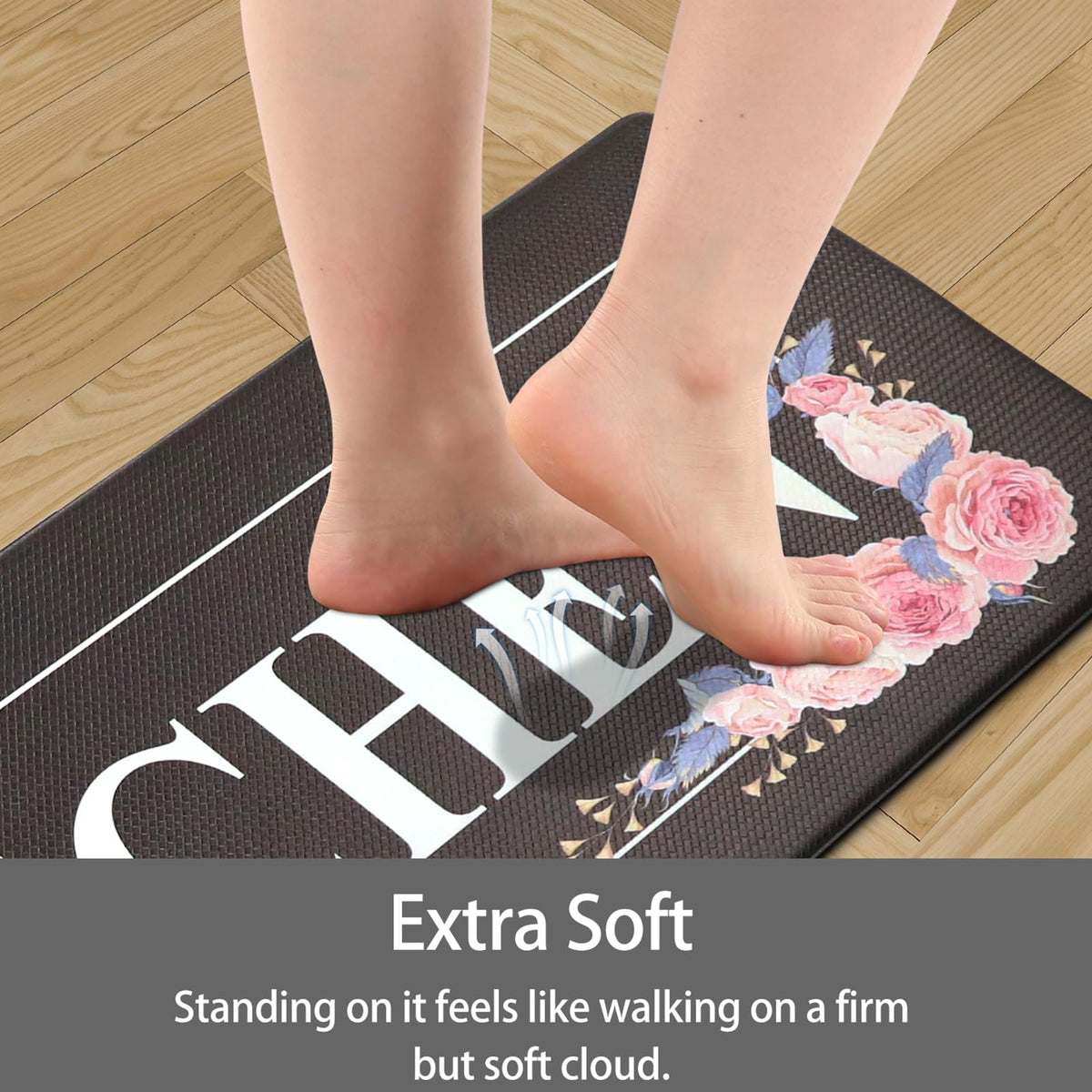 Floral Kitchen Mat Sets 2PCS Non Skid Waterproof Kitchen Rugs and Runner Sets Cushioned Anti-Fatigue Comfort Mat for Home,Office Memory Foam Kitchen Rug, 17.3"x30"+17.3"x47", Black/Pink 17"x30"+17"x47"--0.4 inches