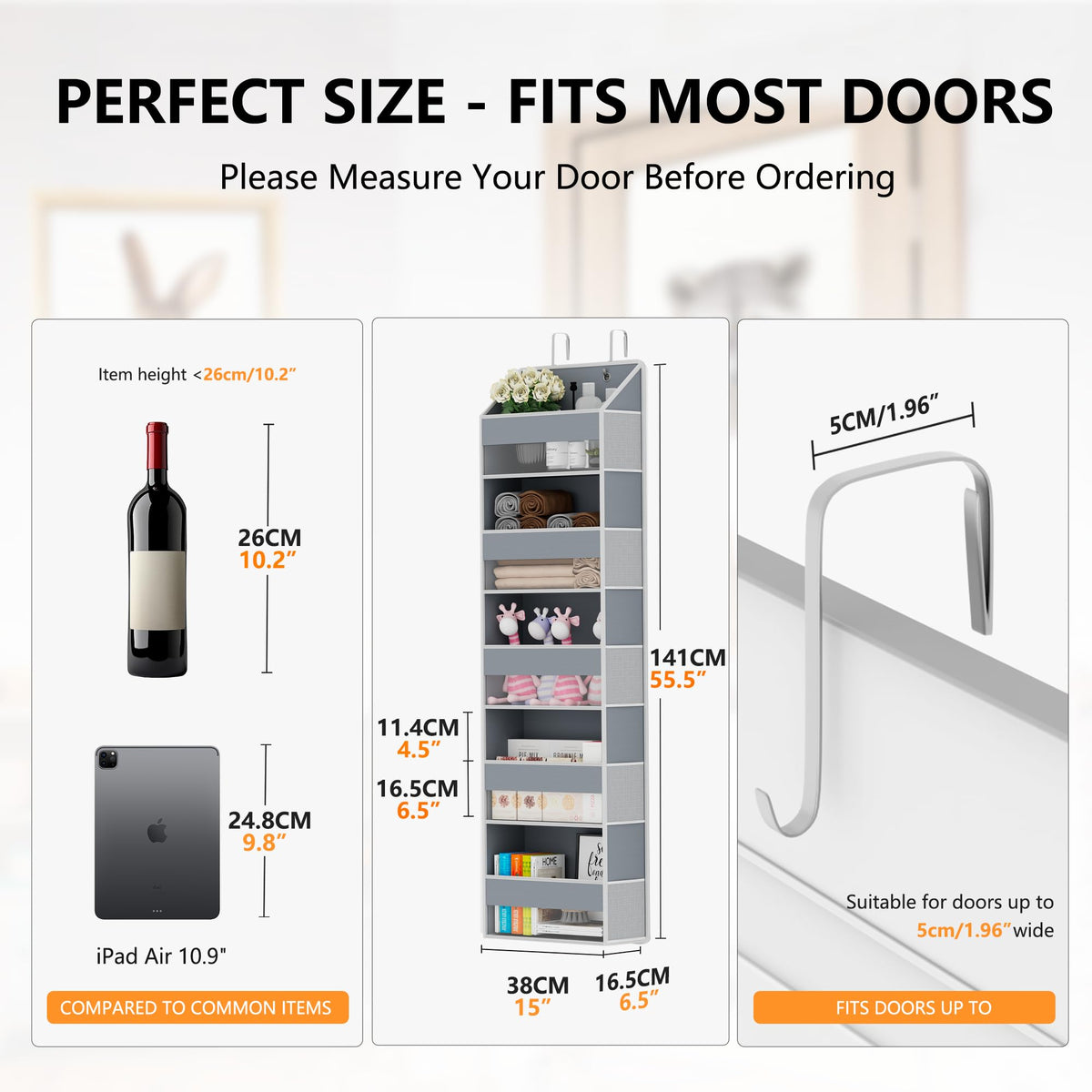 Over The Door Organizer - Over Door Storage Organizer with 5 Large Pockets & 10 Mesh Side Compartments - Heavy-Duty Hanging Storage for Bathroom, Bedroom & Closet - Baby Room Organize - Grey