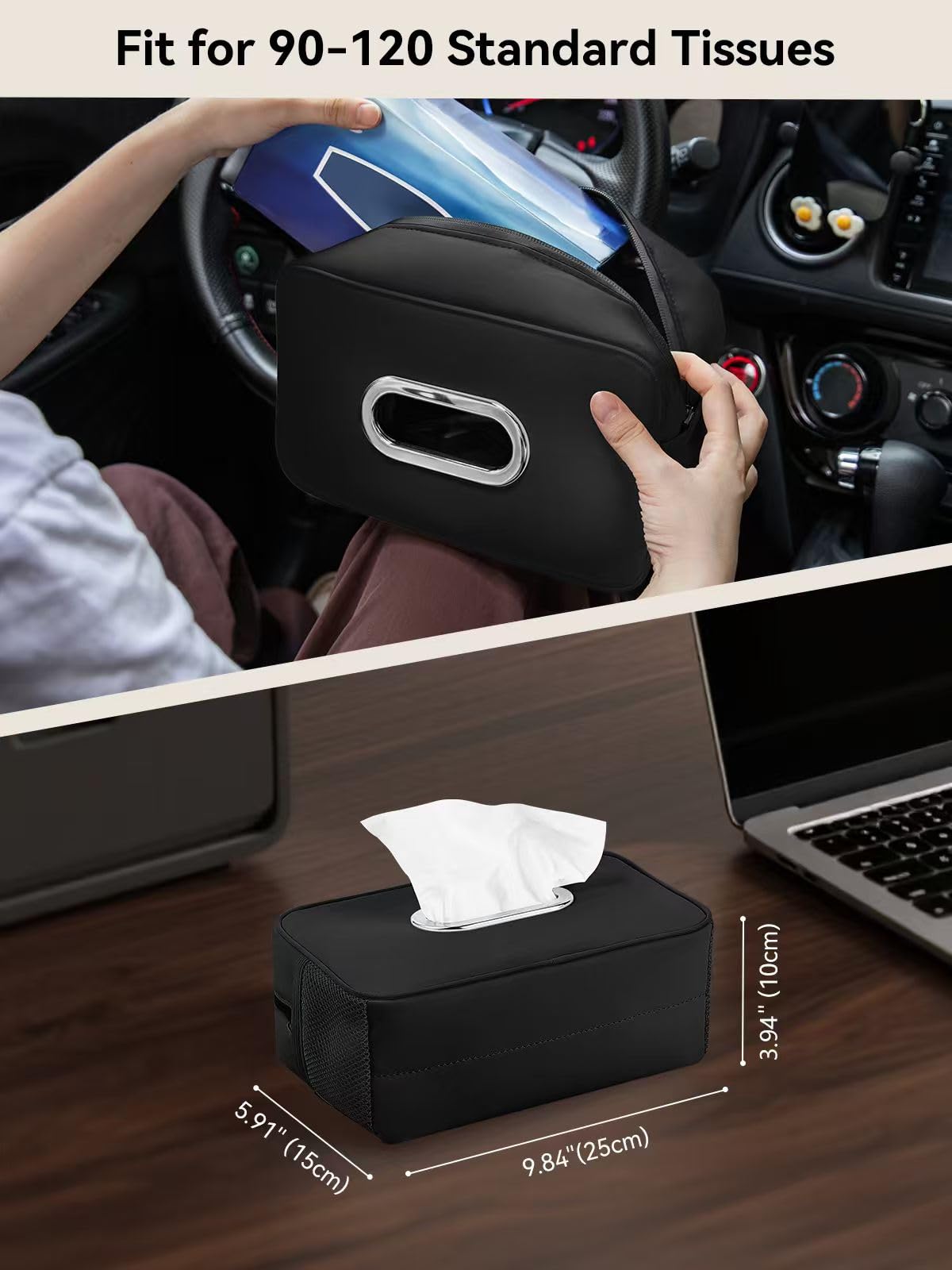 Multi-Functional Car Tissue Holder with ‌2 Storage Nets, Tissue Box Cover Black