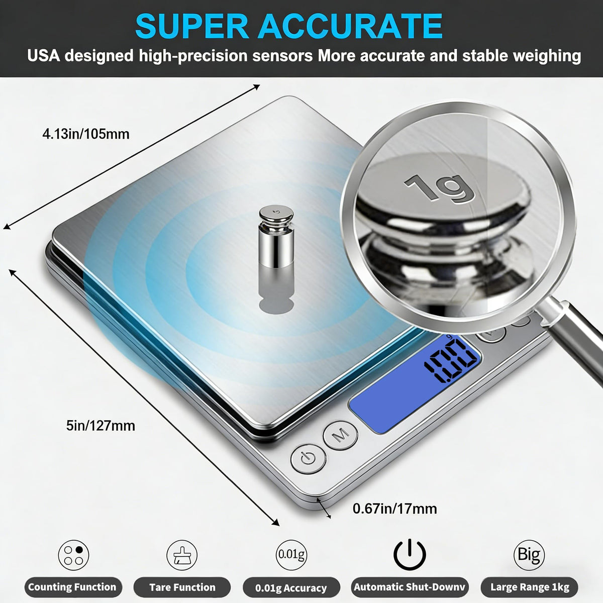 Small Digital Gram Scale 1000g by 0.01g, MEIYA High Accuracy Scale for Food Ounces and Grams, Upgrade USB Charging Kitchen Scale Digital Weight for Cooking, Baking, with Tare Function, 9 Units, 2 Tray Black