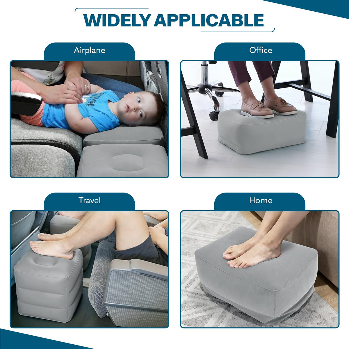Inflatable Travel Foot Rest Pillow, Adjustable 3 Layers Height Leg Rest Pillow, Crushion Essentials for Airplane,Train, Cars, Office and Home (Gray)