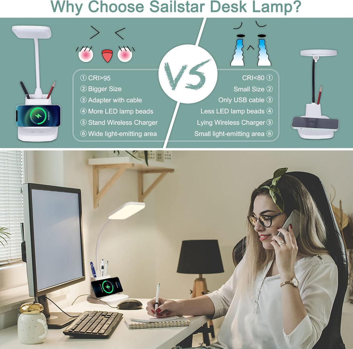10W Wireless Charging LED Desk Lamp with Clock, Light Black
