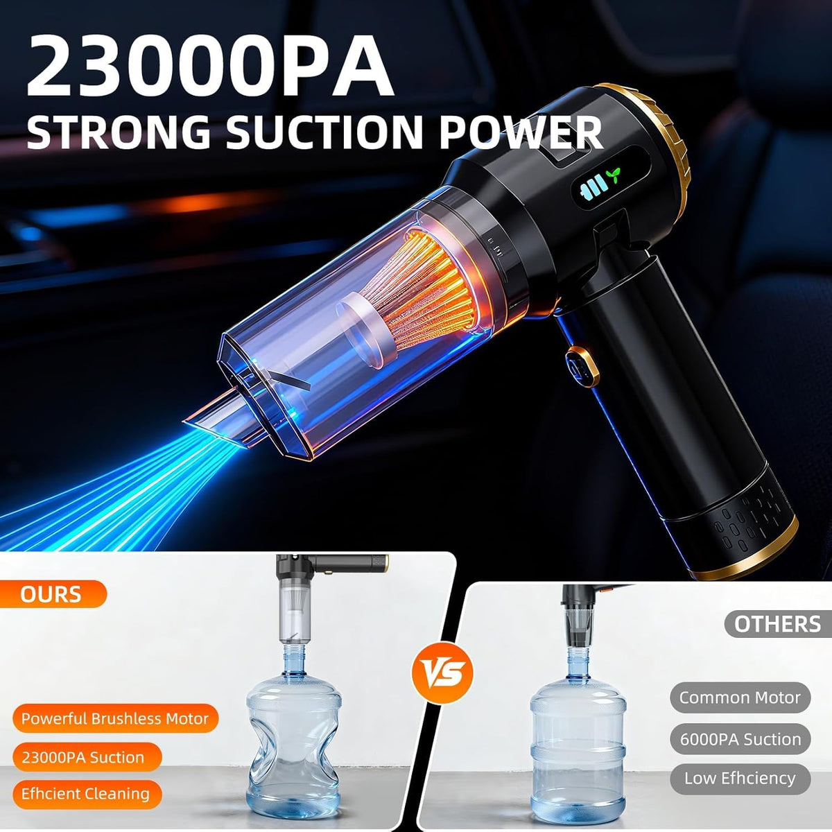 Handheld Vacuum Cleaner Cordless, 23000Pa Powerful Car Mini Vacuum Cleaner, Rechargeable Portable Lightweight dust Catcher for Home Car Carpet Stairs Pet Hair Deep Cleaning（Black-Gold）. Black-gold