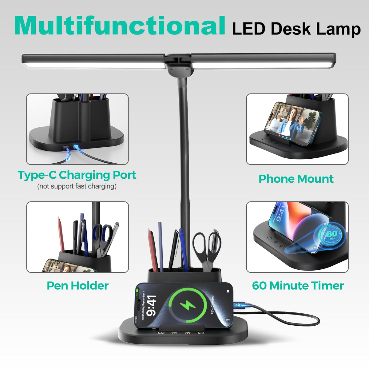 Airlonv LED Desk Lamp with Clamp, 17" Stepless Dimming Light, Black Standard