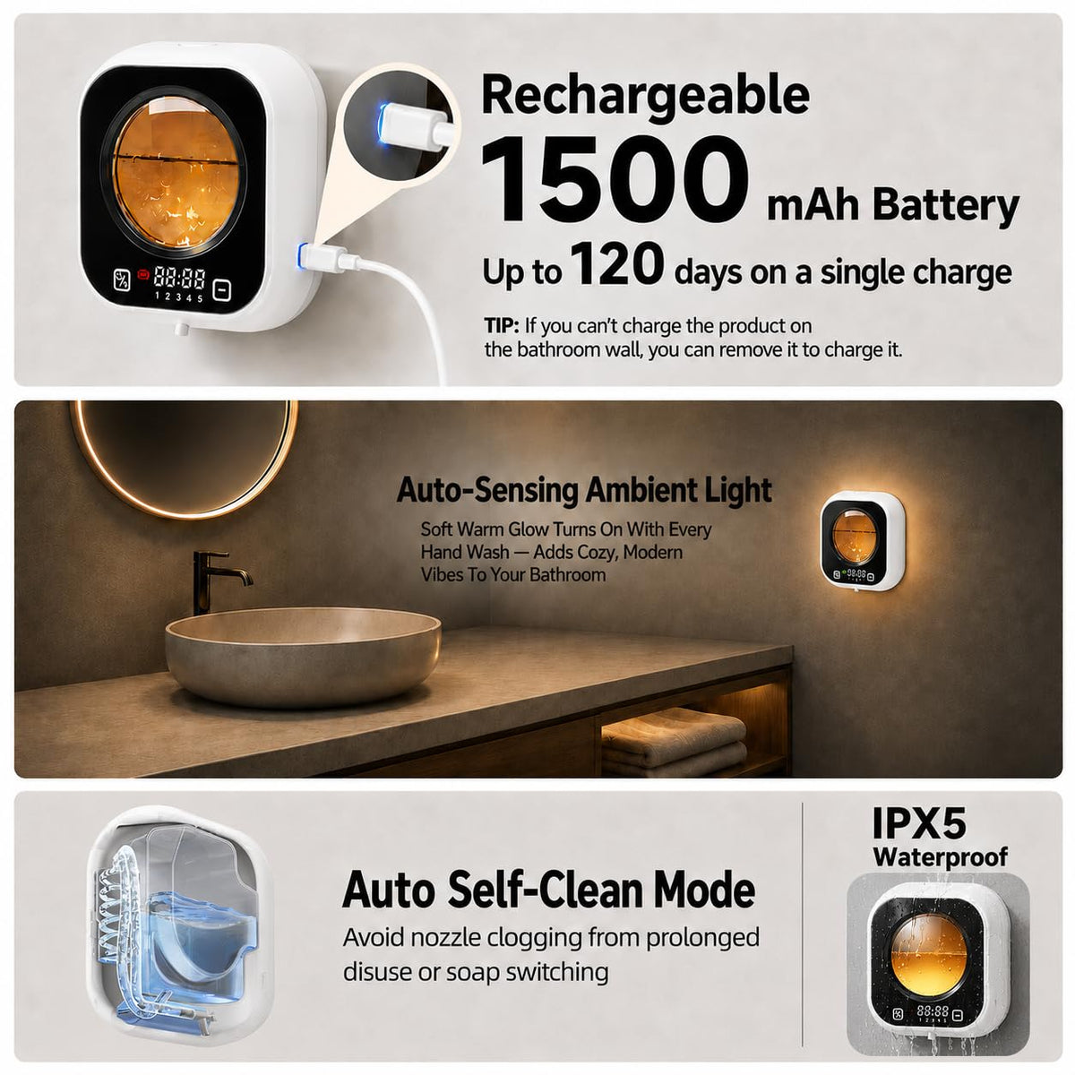 Automatic Soap Dispenser Touchless, Wall Mount, Rechargeable, Mood Lighting Black