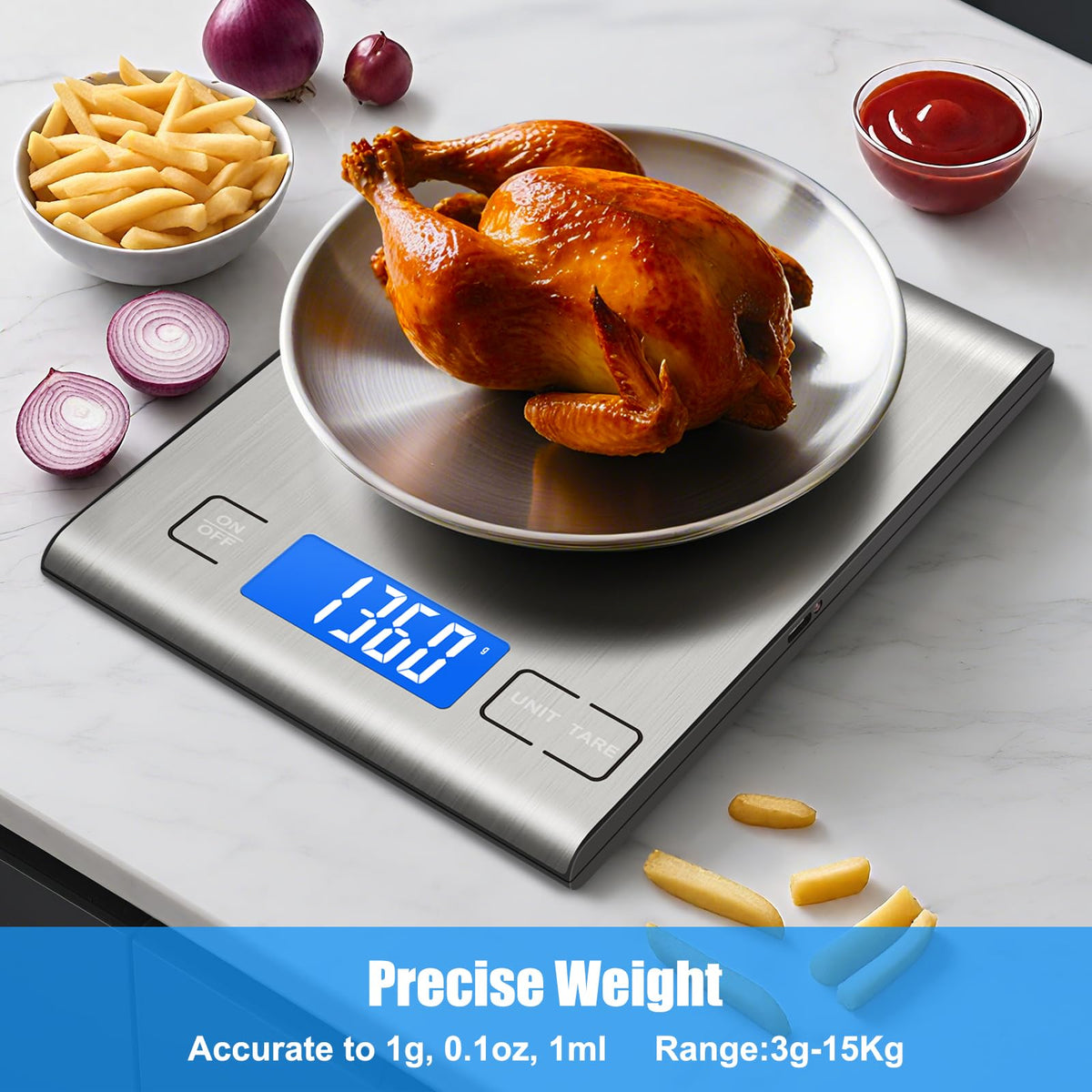 33lb Rechargeable Food Scale, Diyife 304 Stainless Steel Kitchen Scale Silver Medium