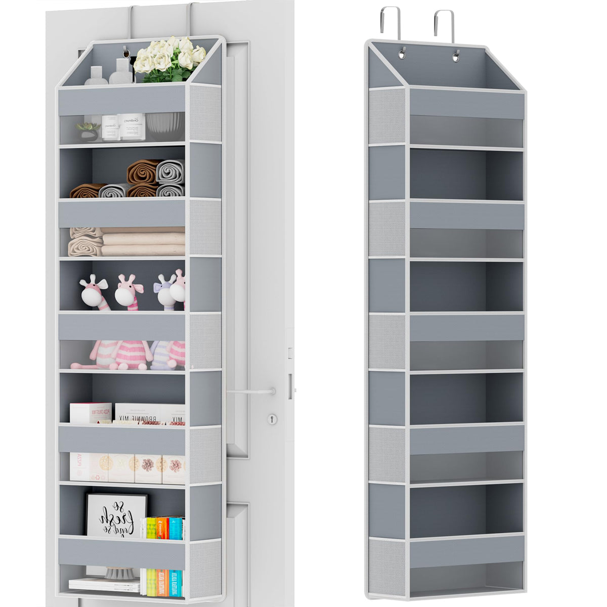 Over The Door Organizer - Over Door Storage Organizer with 5 Large Pockets & 10 Mesh Side Compartments - Heavy-Duty Hanging Storage for Bathroom, Bedroom & Closet - Baby Room Organize - Grey