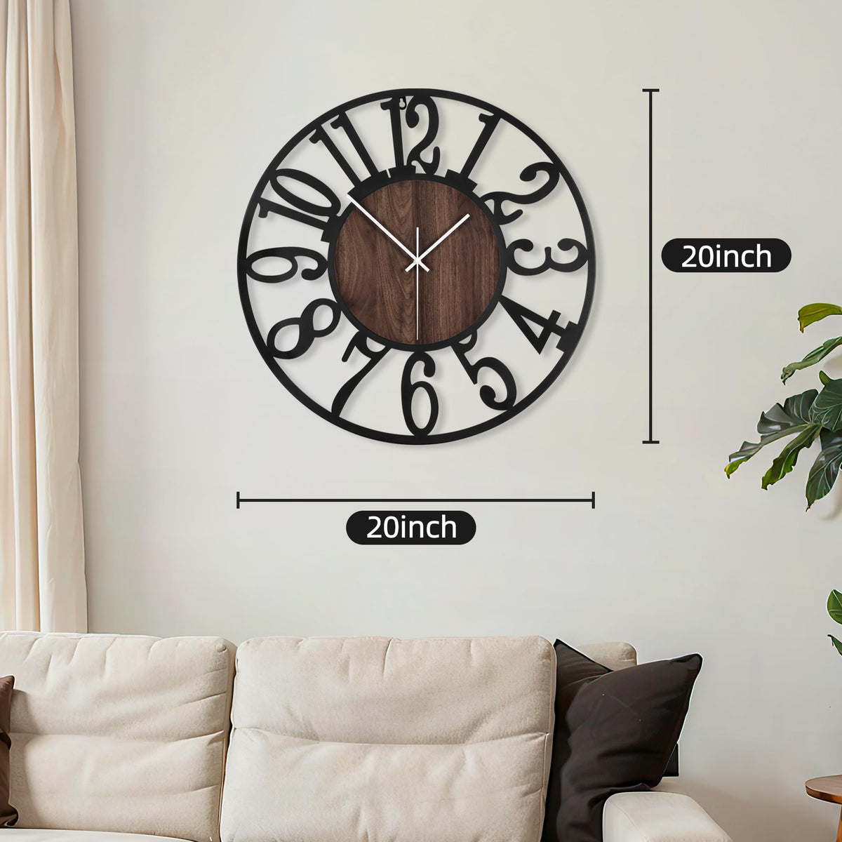 Maxstar Round Wall Clock for Living Room Decor Battery Operated Non Ticking Black Metal Wood Clocks for Home Living Room Garden Office Kitchen Decoration -16 inch Black-arabic Numerals 16 Inch