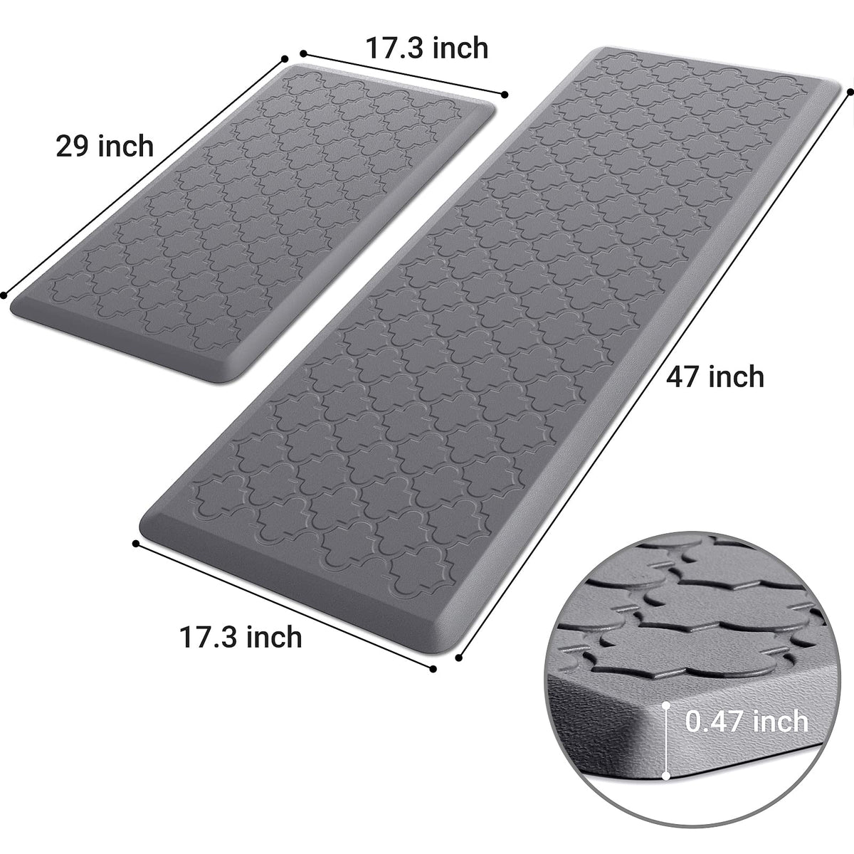 Kitchen Mat 2 PCS Cushioned Anti-Fatigue Floor Mat Standing Mat for Kitchen Stylish Grey 17.3"x29"+17.3"x47"