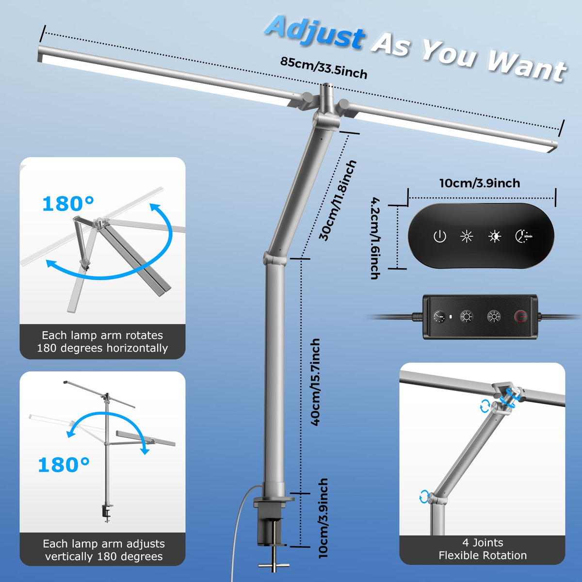 Airlonv LED Desk Lamp with Clamp, 17" Stepless Dimming Light, Black Standard
