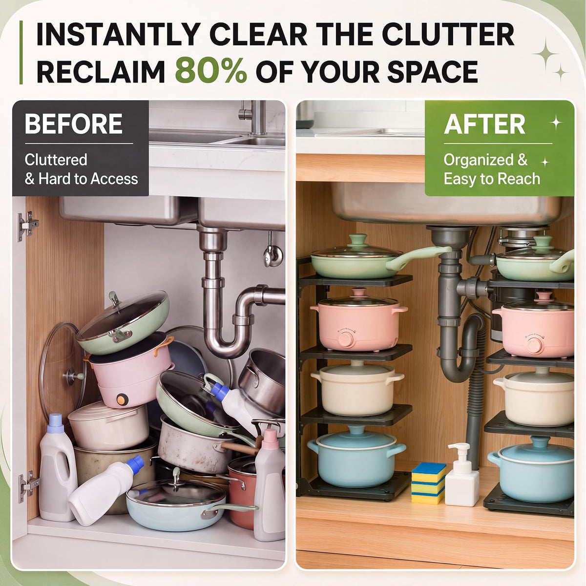1 Pack 4Tier Pot Pan Organizer Under Cabinet Adjustable Heavy Duty 1