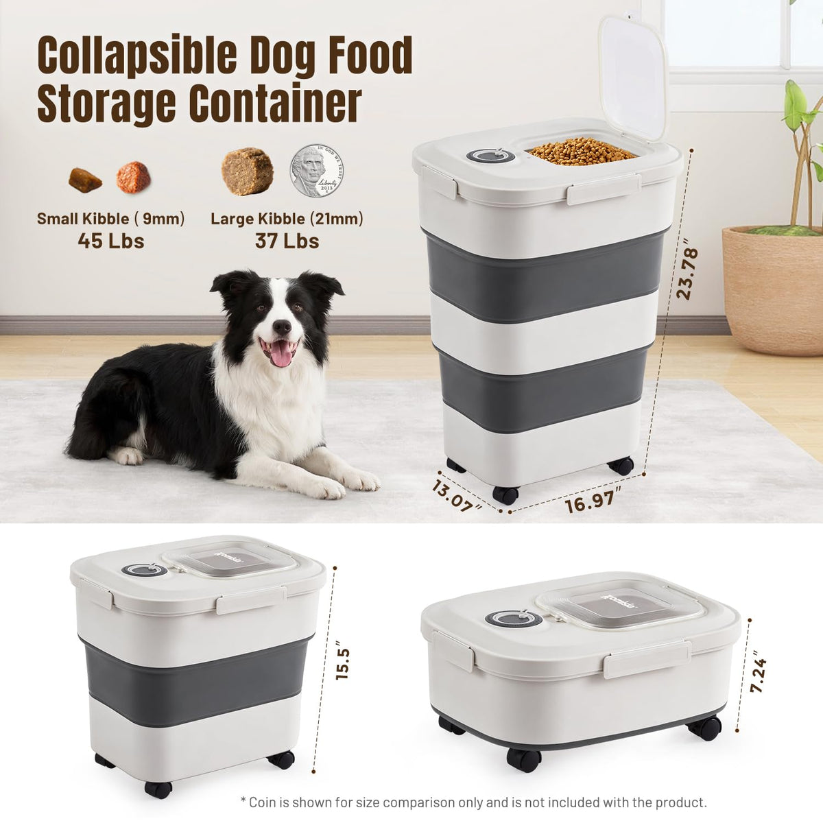 ZOMISIA 40-50lbs Collapsible Dog Food Storage Container with Wheels, Khaki