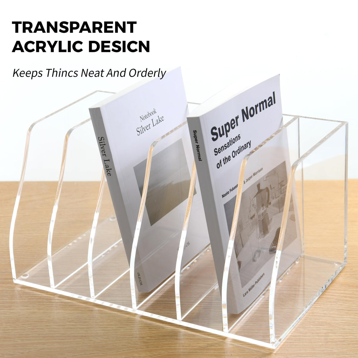 Acrylic Magazine File Holder, 4 Vertical Compartments Desk Document Sorter Organizer, Clear Folder Rack Binder for Office/Home/Classroom, for Documents, Tablet, Magazines, Books & Accessories B5, 4 Sections