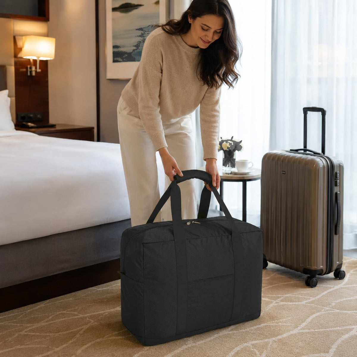 Foldable Travel Duffle Bag with Trolley Sleeve 40L Travel Bag Black