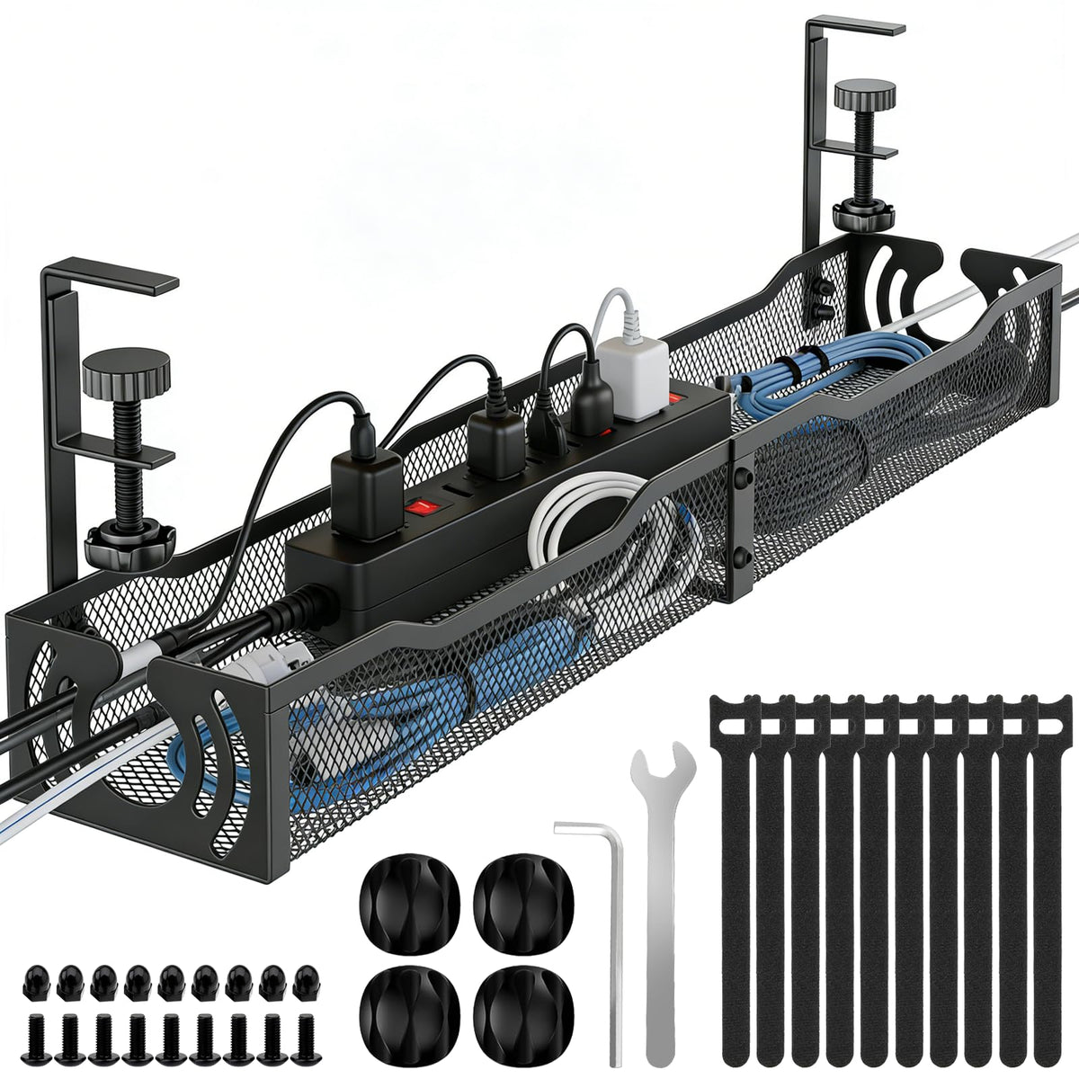 Cable Management, 25.3'' Under Desk Cable Management Tray No Drill 25.3 inch Black