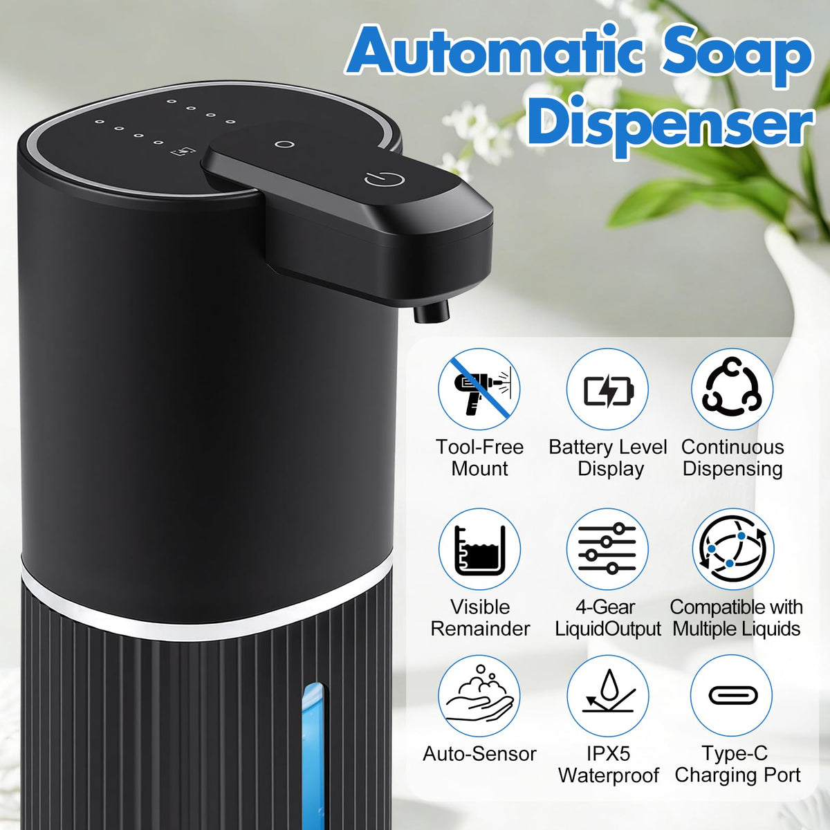 Automatic Soap Dispenser, Foaming Soap Dispenser Touchless with Continuous Dispensing, 4-Level Adjustable, Rechargeable Hand Soap Dispensers, Wall Mounted or Countertop for Bathroom & Kitchen Gold