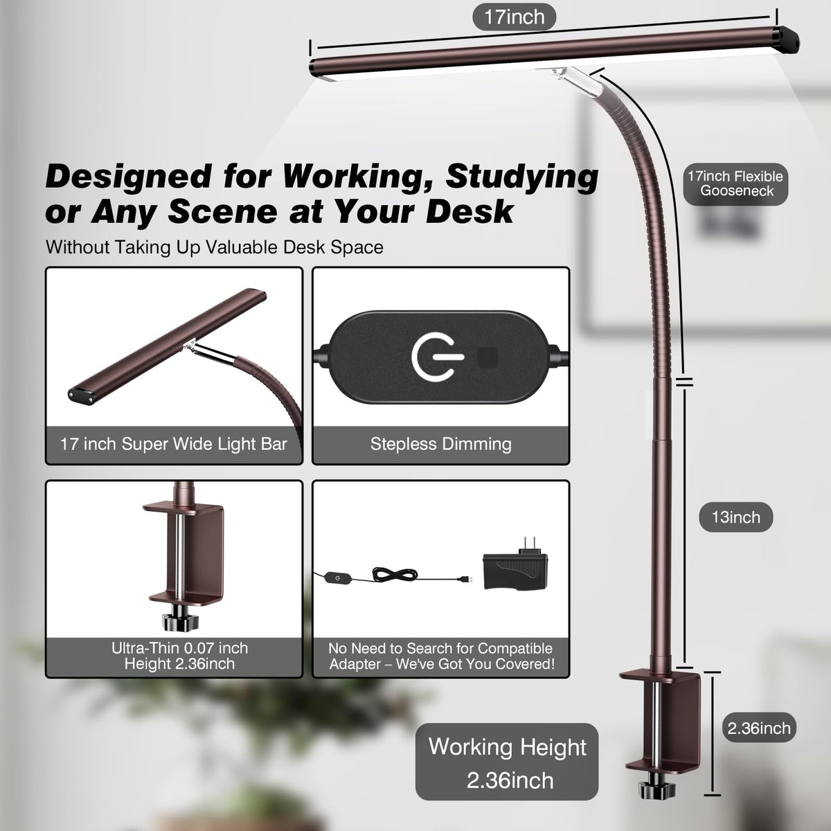 Airlonv LED Desk Lamp with Clamp, 17" Stepless Dimming Light, Black Standard