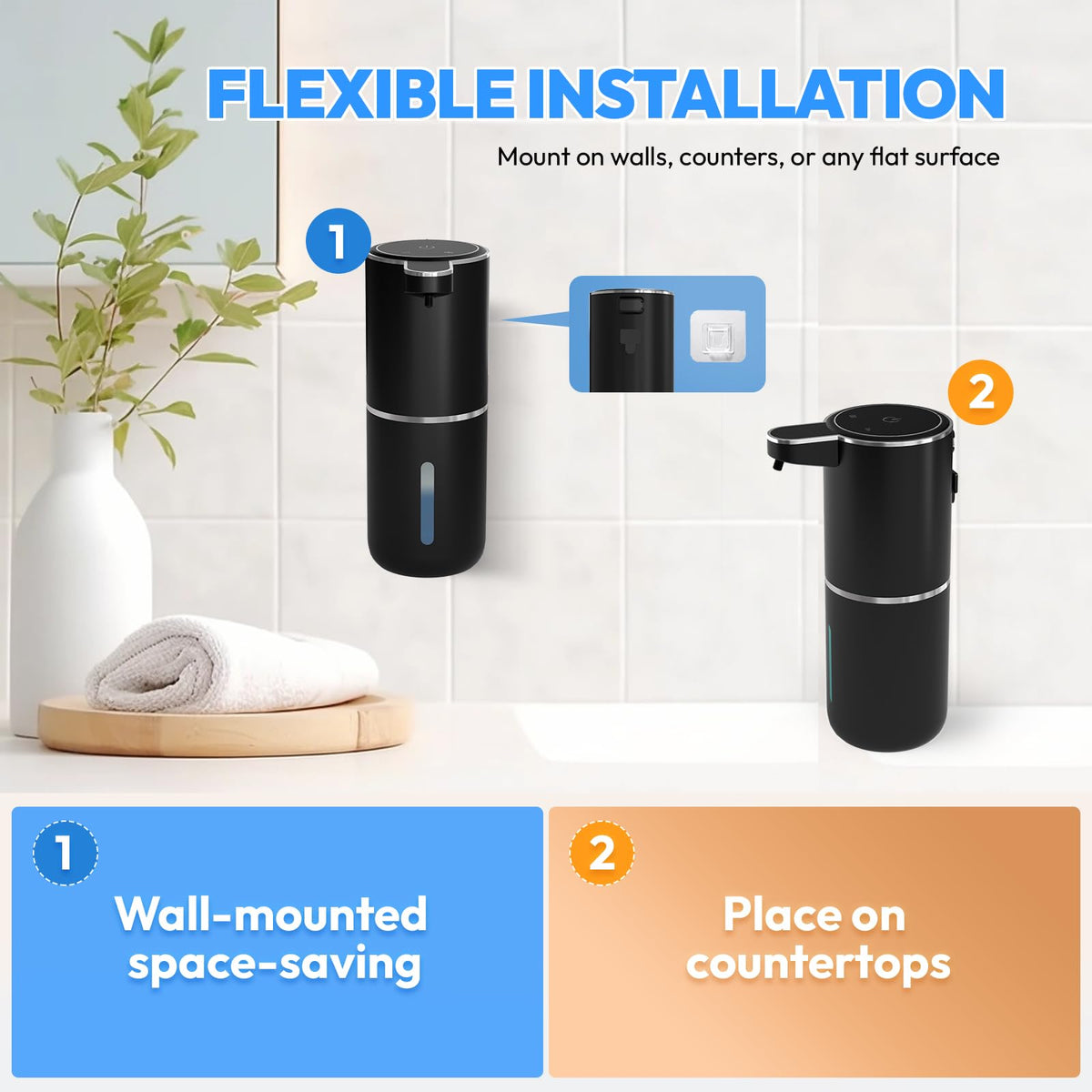 2 Pack Automatic Foaming Soap Dispenser,Touchless Foam Soap Dispenser,12.8oz Rechargeable Wall Mounted Smart for Bathroom and Kitchen Dish Soap,Easy for Toddlers(Black) Black
