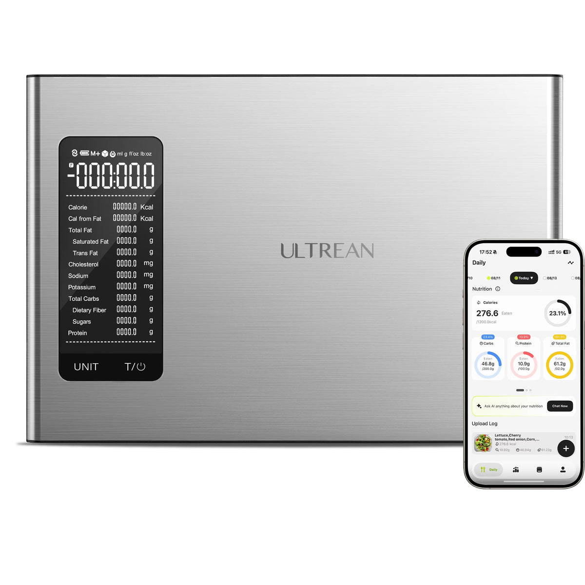 Ultrean Smart Food Kitchen Scale with Nutritional Calculator, APP for Calorie & Macro Tracking, AI Powered, Goal Progress, Digital Calorie Scale for Weight Loss, Stainless Steel, 22lb XX-Large