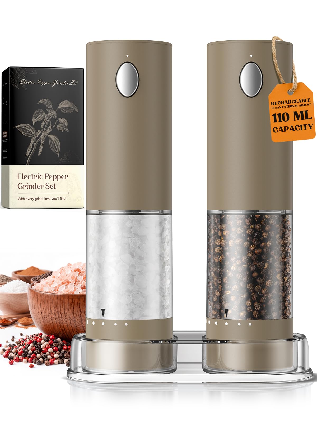 Electric Salt and Pepper Grinder Set, Battery Automatic Salt and Pepper Shaker with Adjustable Coarseness, Large Capacity Pepper Mill with LED White Elephant Gifts(Battery-Stainless Steel) Battery-Stainless Steel 2-Pack