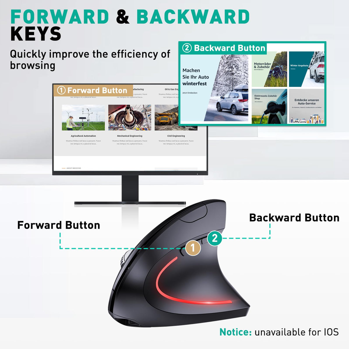 JYKEYMOUT Bluetooth and 2.4G (2-in-1) Rechargeable Wireless Mouse, Ergonomic Vertical Design, 1000/1200/1600 DPI, 6 Silent Buttons, for Laptop, Computer, PC, MacBook, Chromebook-Black