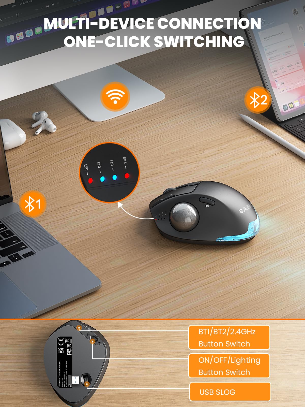 Ergonomic Wireless Trackball Mouse, Rechargeable Adjustable 0°/18° Angle Gray ball