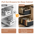 2 Pack Pull Out Cabinet Organizer Slide Out Storage Baskets with Wooden Handle, Spice Rack for Kitchen, Pantry Shelves No Drill Pullout Drawers for Under Sink, 6.6''H*9.3''W*15.7''D White 2 Pack