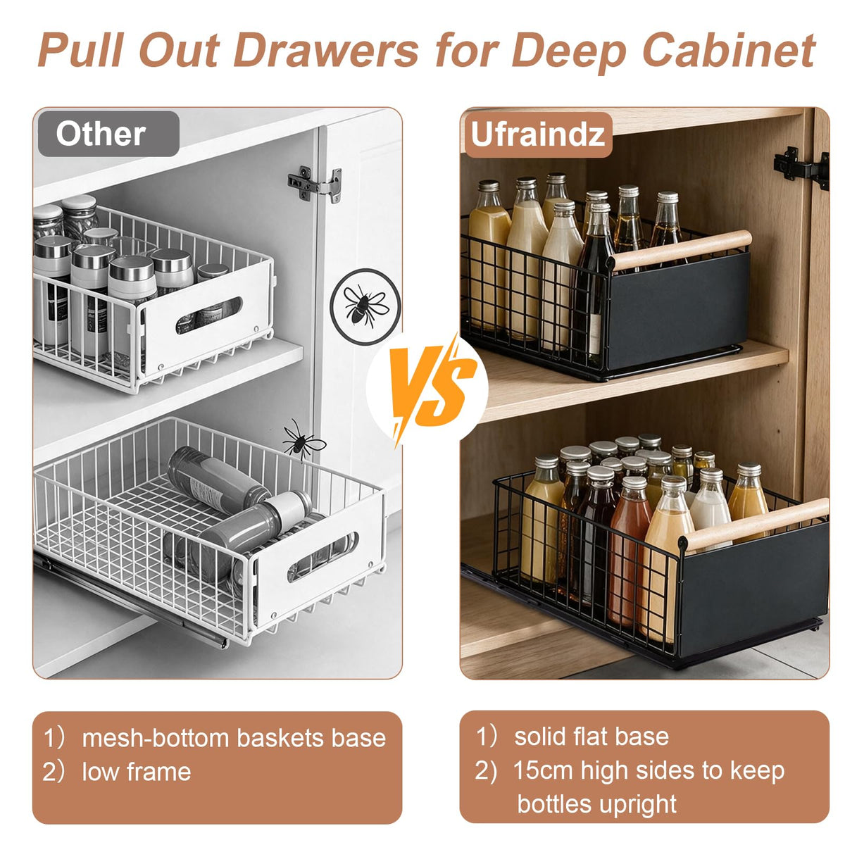 2 Pack Pull Out Cabinet Organizer Slide Out Storage Baskets with Wooden Handle, Spice Rack for Kitchen, Pantry Shelves No Drill Pullout Drawers for Under Sink, 6.6''H*9.3''W*15.7''D White 2 Pack