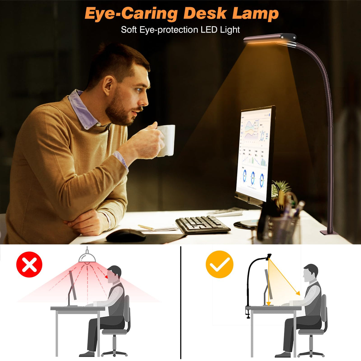 Airlonv LED Desk Lamp with Clamp, 17" Stepless Dimming Light, Black Standard