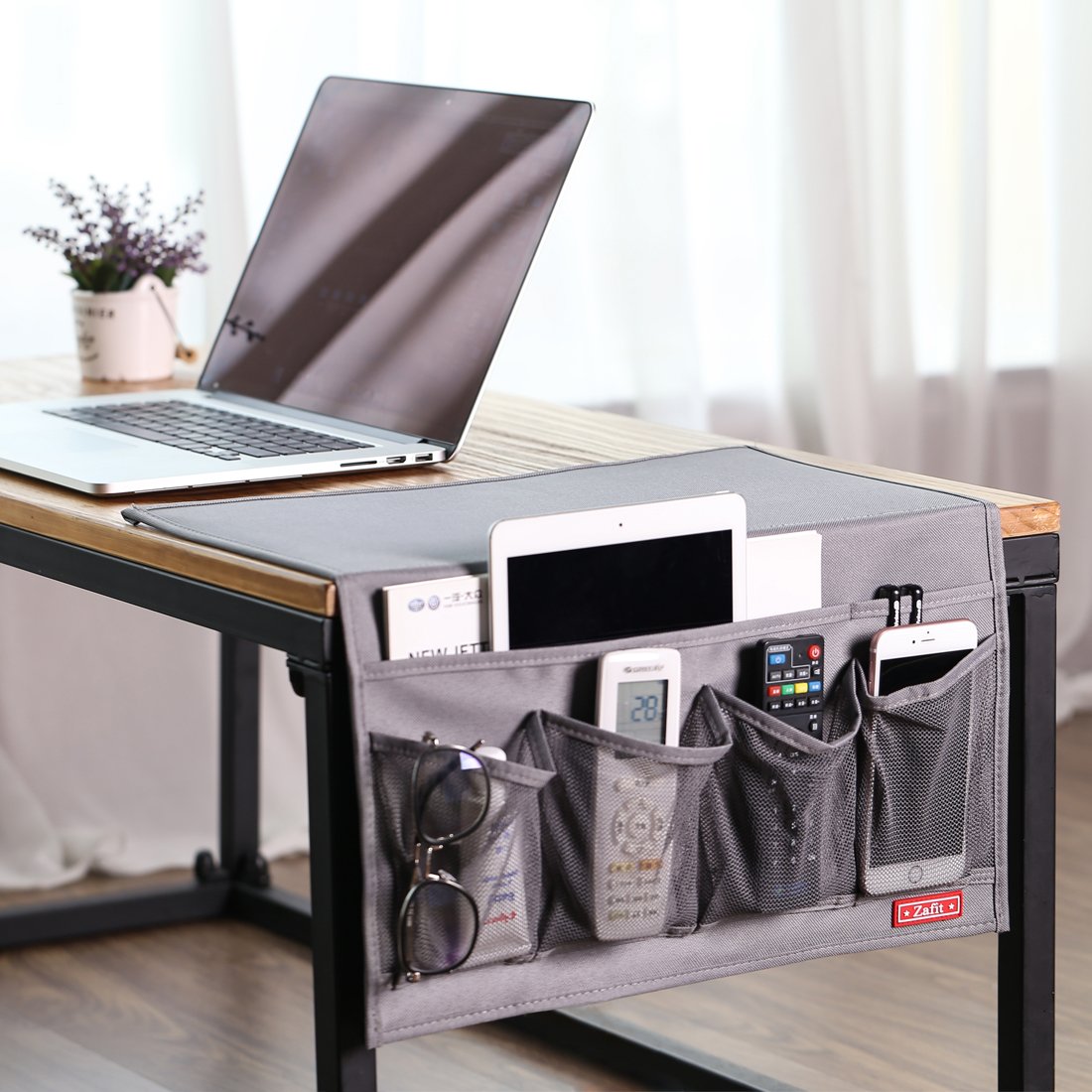 Zafit Bedside Storage Organizer - 6 Pockets, Table Cabinet Caddy for Remotes, Phone, Glasses (Grey) 6 Pockets-Grey