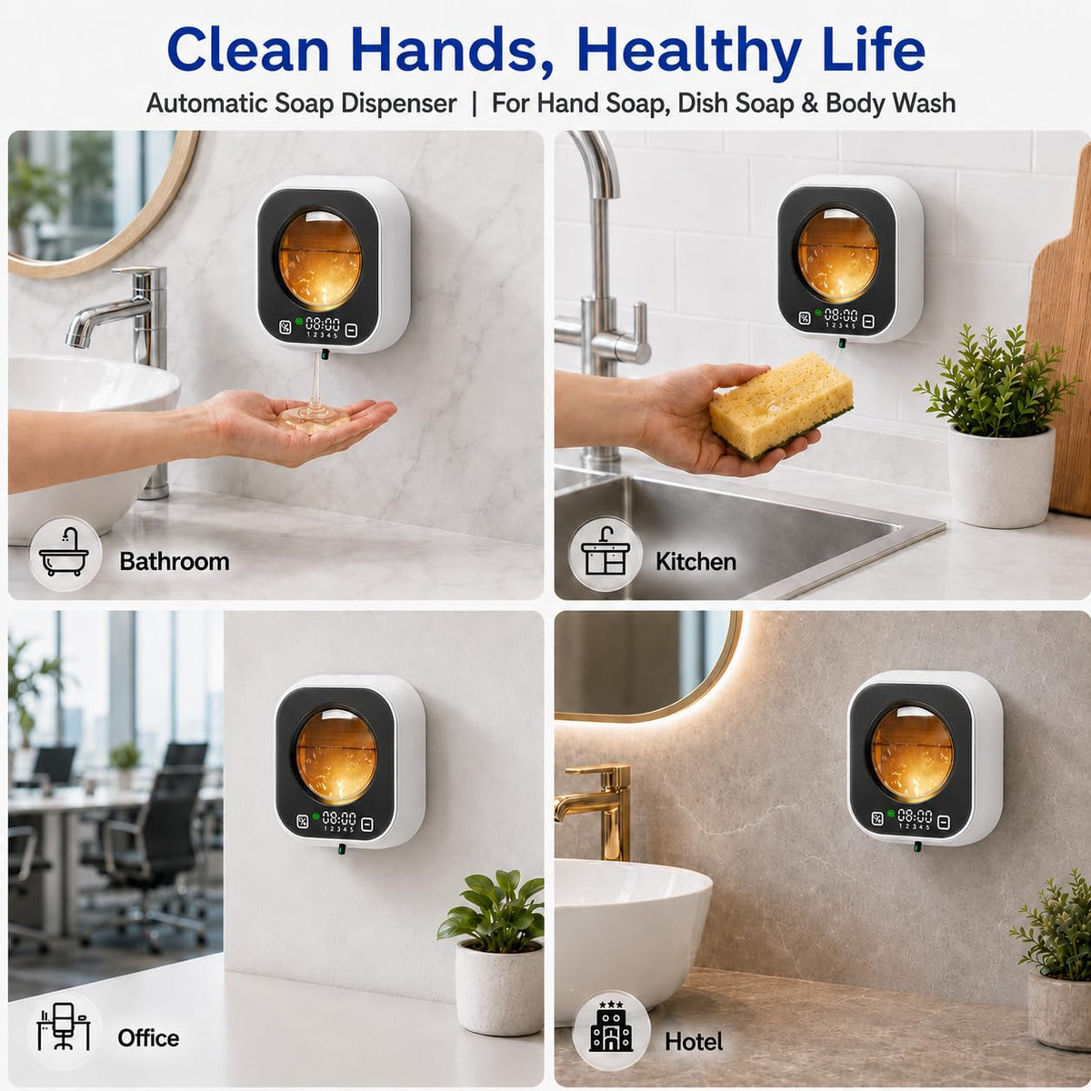Automatic Soap Dispenser Touchless, Wall Mount, Rechargeable, Mood Lighting Black