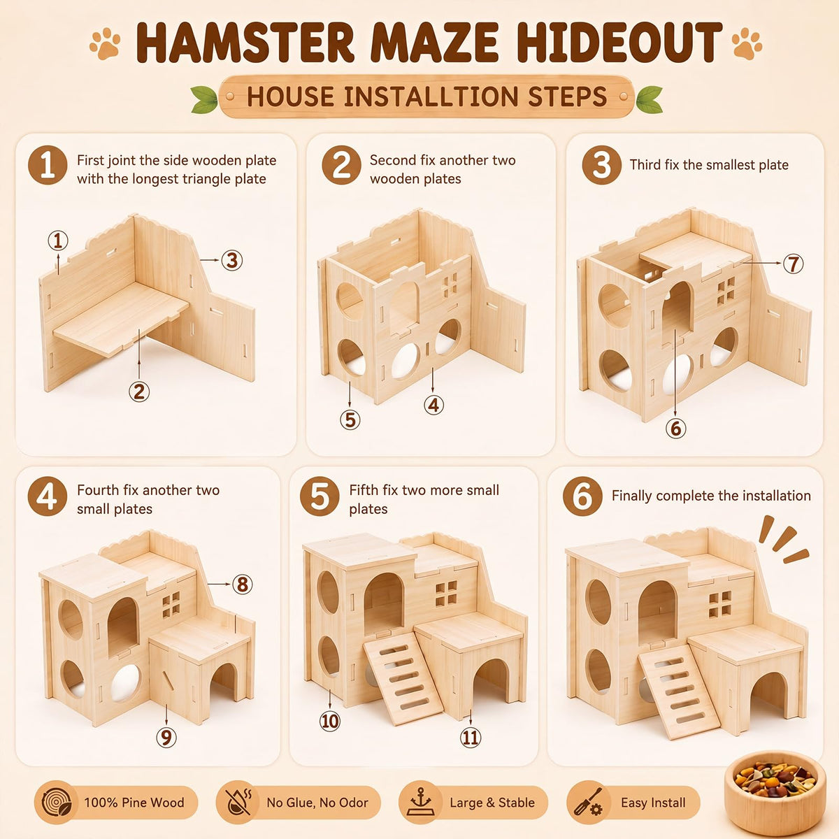 BreezeHug 6 Pcs Wooden Hamster Cage Accessories, Hamster Tunnels, Stylish