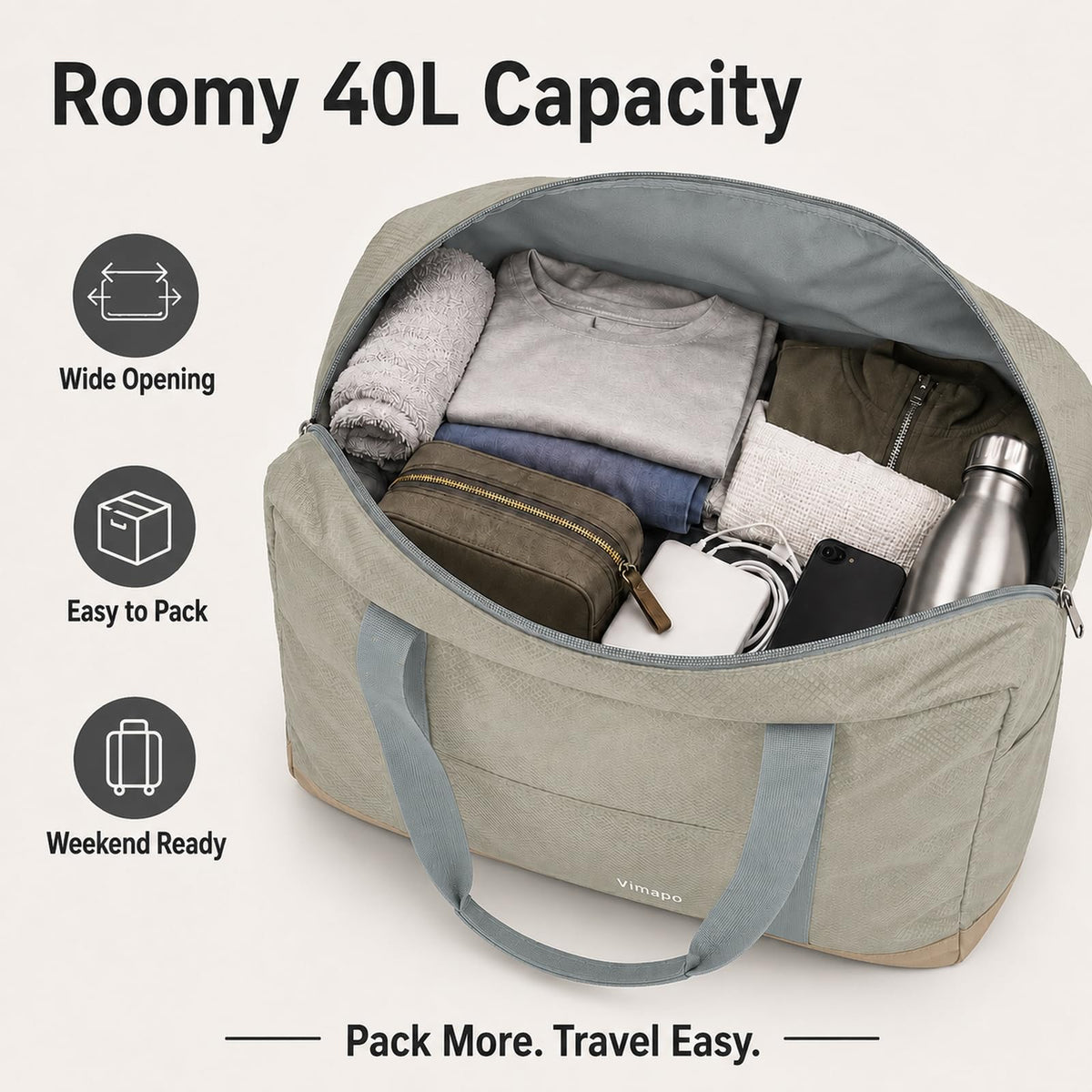 Foldable Travel Duffle Bag with Trolley Sleeve 40L Travel Bag Black