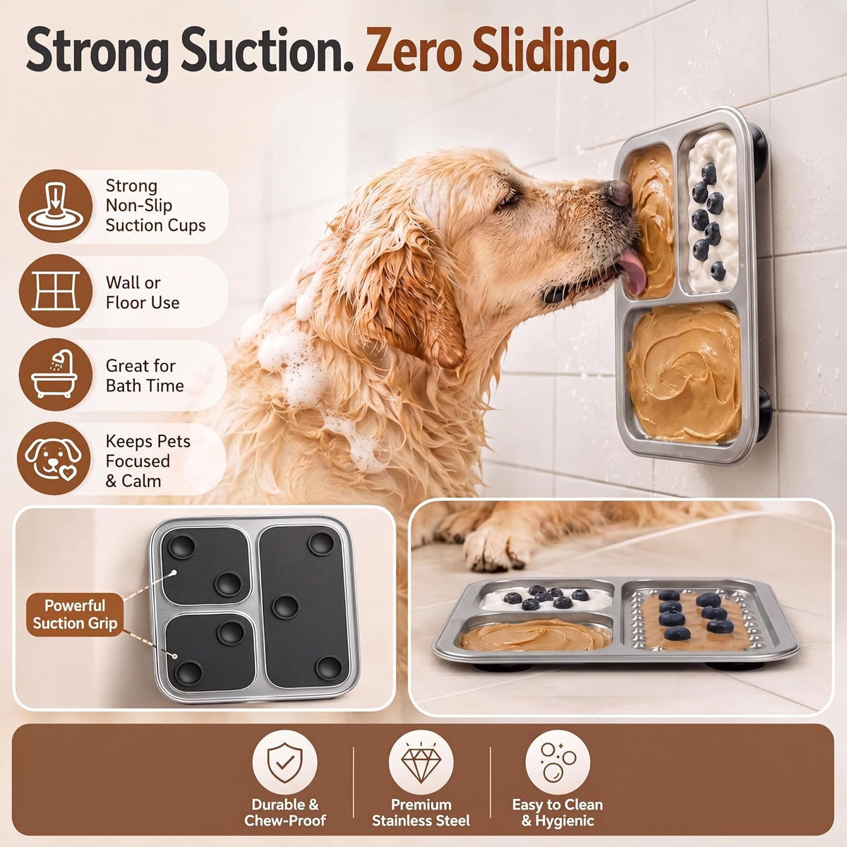 Stainless Steel Lick Mat for Dogs & Cats, Large Non-Slip Slow Feeder Pad with Suction Cups, Chew-Proof Dog Licking Mat for Anxiety Relief, Bathing & Grooming Time 1 Pack
