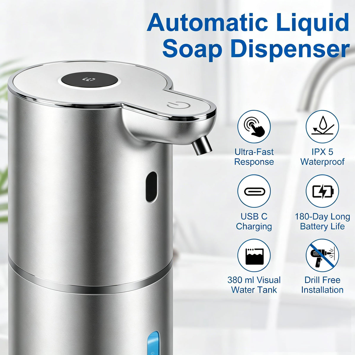 Automatic Soap Dispenser, Hand Soap Dispenser 12.8oz/380ml Smart Rechargeable, Liquid Touchless Soap Dispensers with 6-Level, Wall Mounted or Countertop Dish Soap Dispensing for Bathroom & Kitchen Black