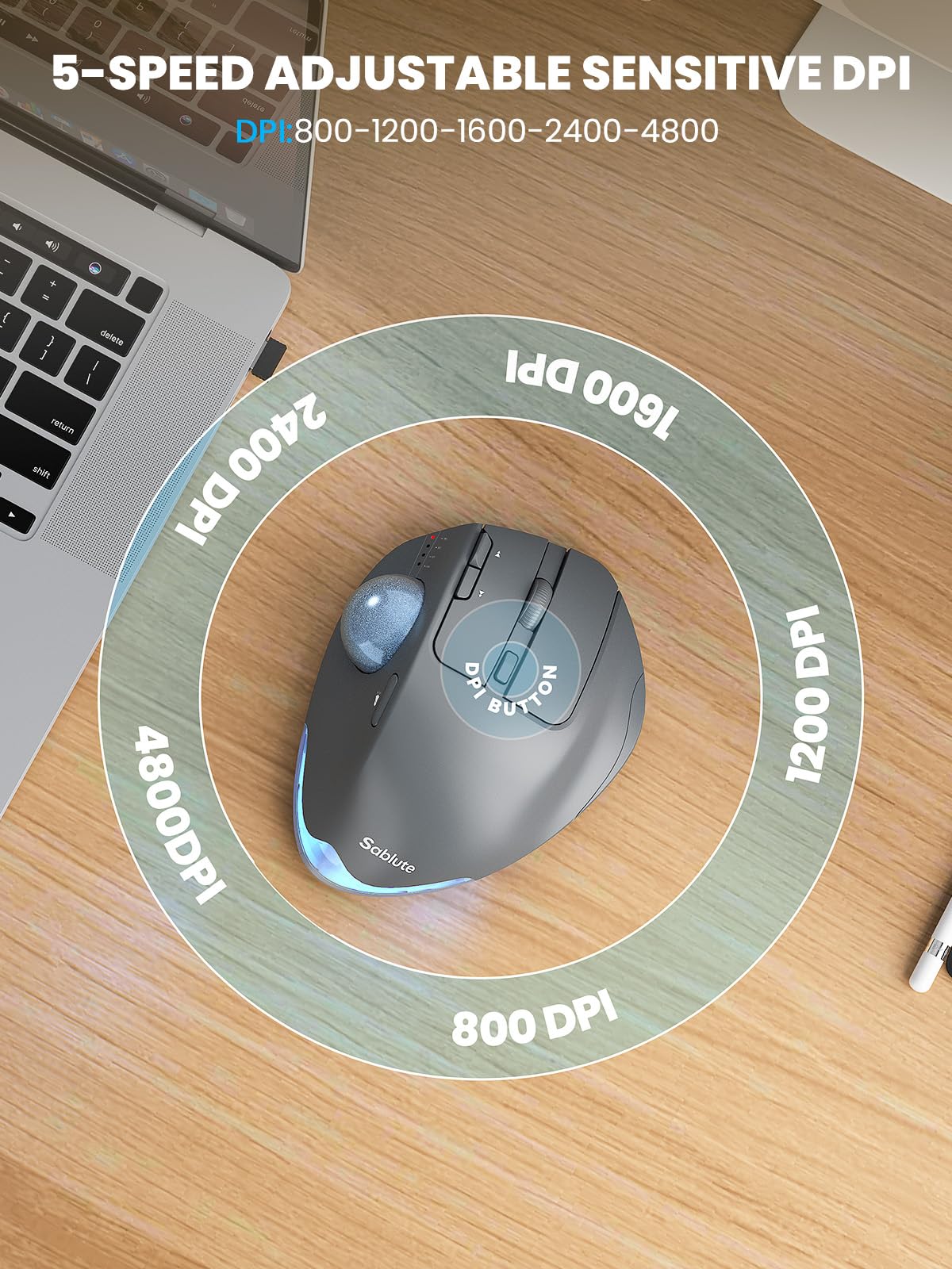 Ergonomic Wireless Trackball Mouse, Rechargeable Adjustable 0°/18° Angle Gray ball