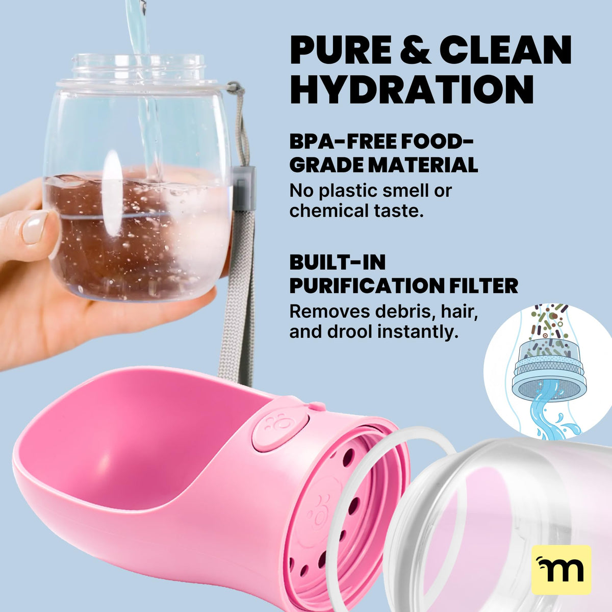 MalsiPree On the Go Dog Water Bottle - 12 oz Pink, Leak-Proof
