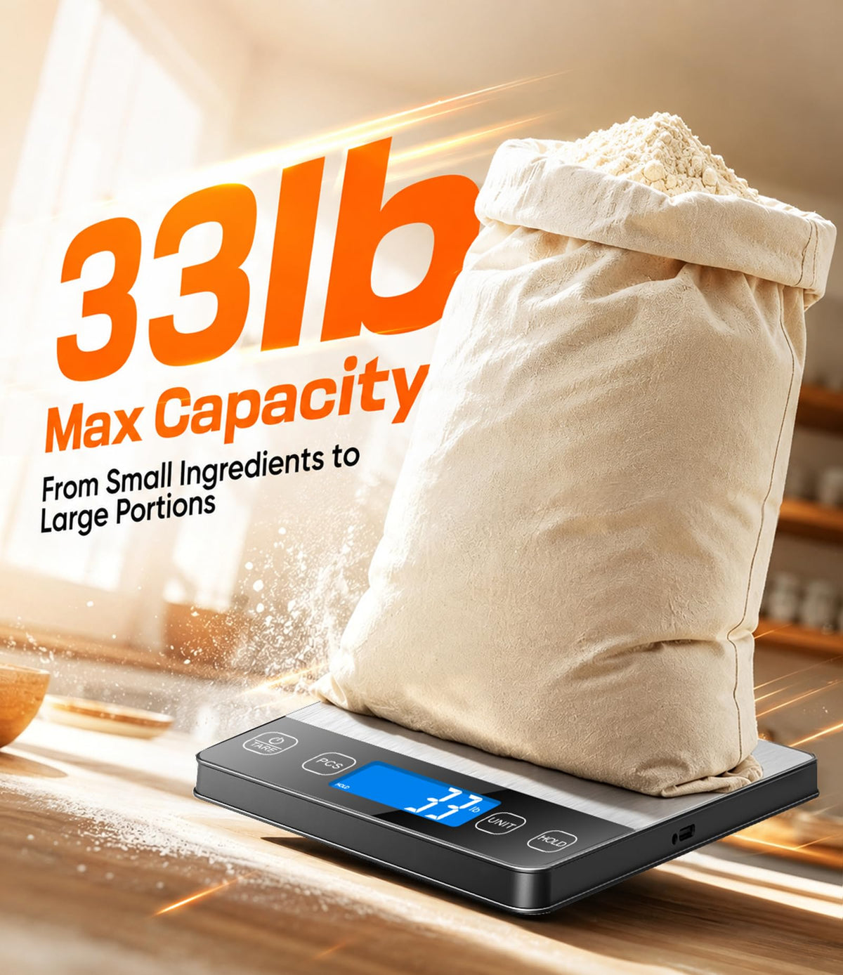 Food Scale 33 lb Capacity, Rechargeable Kitchen Scale with 7 Units Sliver